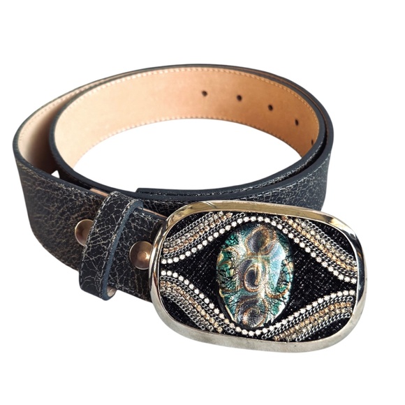 Leatherock Black Crackle Leather Belt Embellished Oval Buckle main image 8